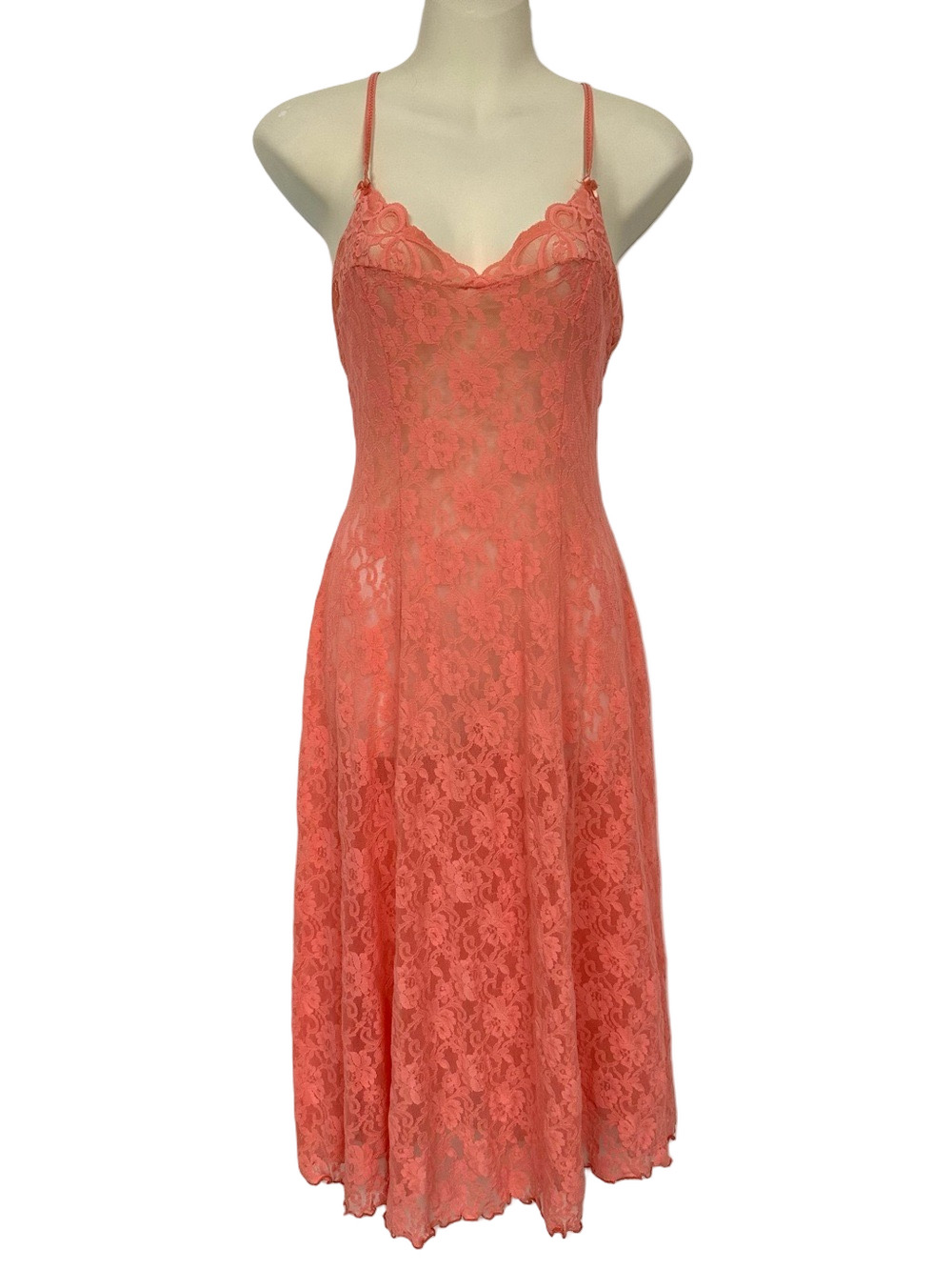 Vintage Peach Stretch Lace Midi Slip Dress Sheer Cami Nightgown Style Romantic